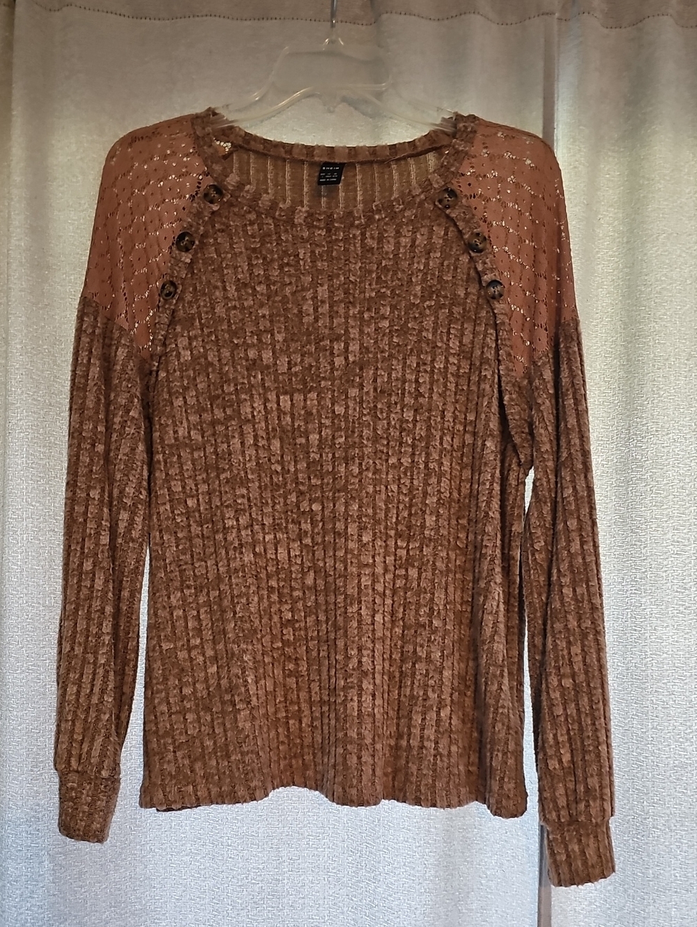 SHEIN Brown Ribbed Knit Long-Sleeve Top with Lace Yokes